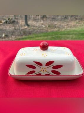 Ceramic Butter Dish with Red Floral Motif